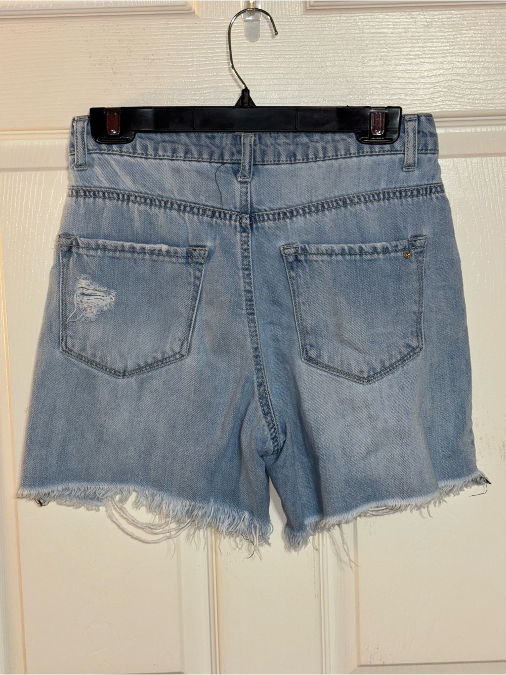 High-Rise Light Blue Distressed Denim Shorts - Women - Picture 4 of 4